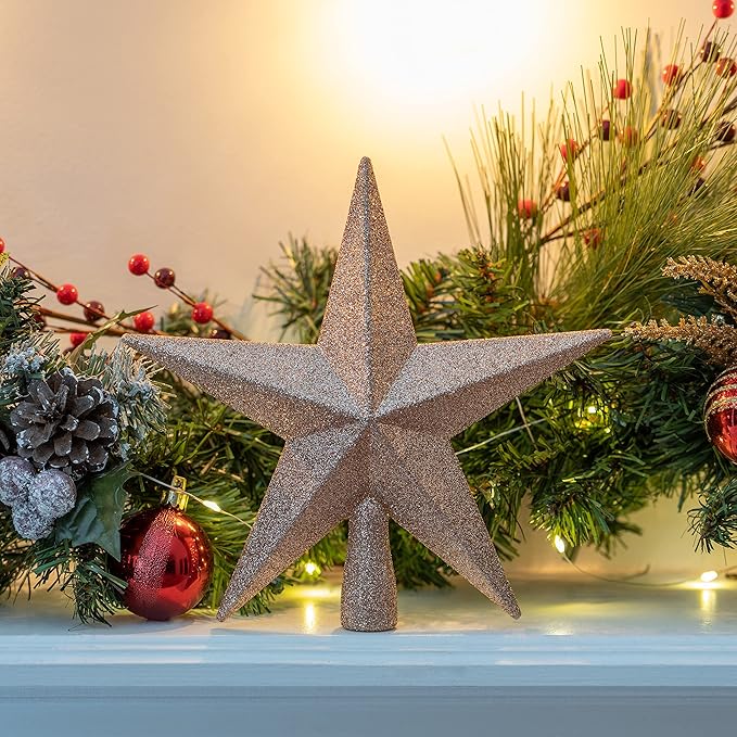 Ornativity Glitter Star Tree Topper - Christmas Decorative Xmas Holiday Bethlehem Star Trees Toppers Ornament Decor (Champagne) 8"