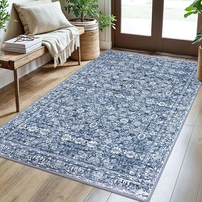 3x5 Washable Area Rug for Entrance, Blue Soft Distressed Floral Rug with Non-Slip, Low-Pile Vintage Area Rugs for Office Entryway Bedroom, Non-Shedding Carpet for Boys Dorm
