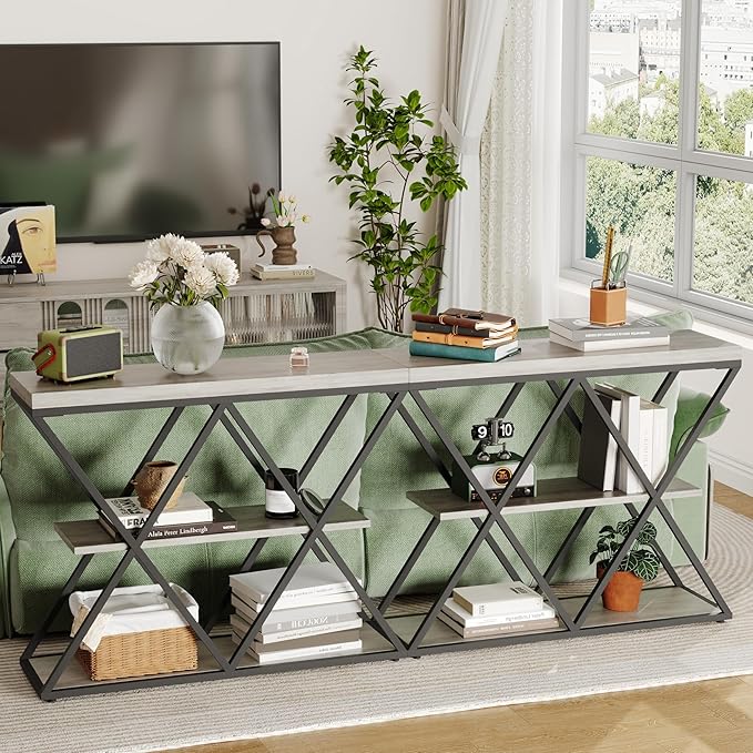 Garvee 3-Tier Entryway Table, Industrial Console Sofa Table with Storage, Accent Table with Open Shelves, X-Shaped Metal Frame, Foyer Table for Entryway, Hallway, Gray