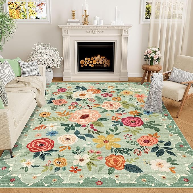 DUKINO 6x9 Area Rug, Floral Rugs for Living Room, Lightweight Non Slip Washable Rug, Indoor Low Pile & Non-Shedding Boho Design Rugs for Bedroom, Living Room, Dining Room, Green