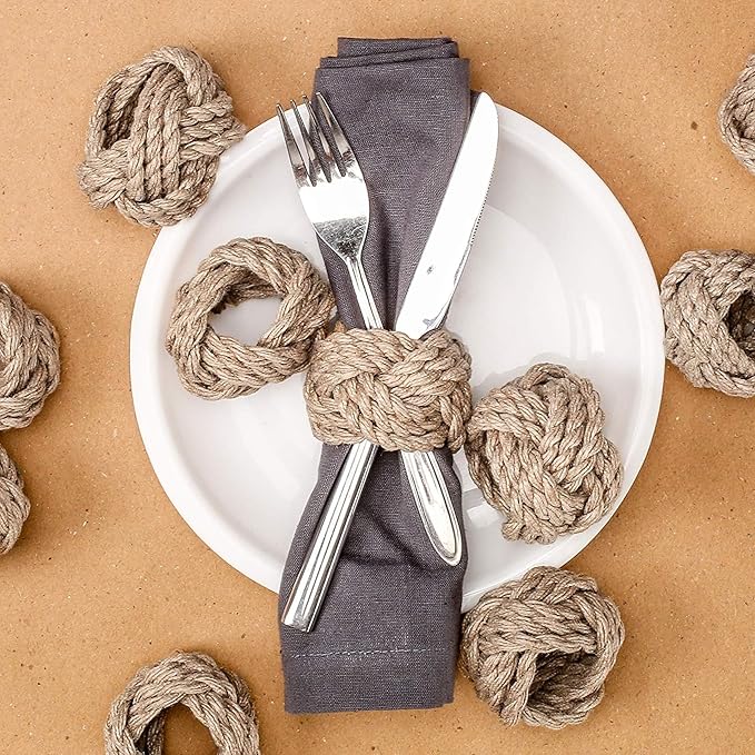 ALPHA Living HOME Woven Napkin Rings Set of 6 - Nautical Napkin Ring Premium 100% Jute Napkin Rings Table Decor with Rustic Charm for Harvest, Thanksgiving, Christmas, Parties & Dining(Brown)