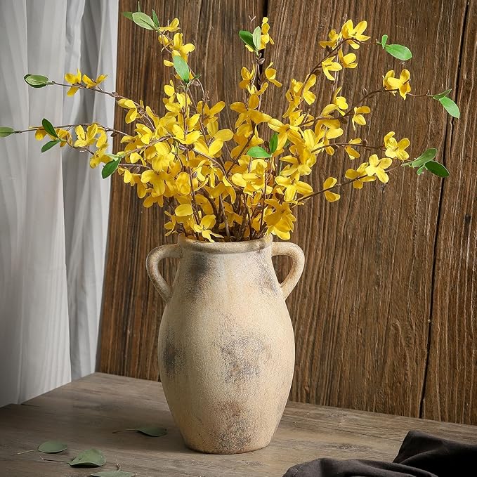 Ceramic Vintage Vase with Handles - 9.05 inch Terracotta Vase - Decorative Tall Pottery vase - Flower Vase for Home Farmhouse Decor, Dining Table, Living Room, Kitchen, Office