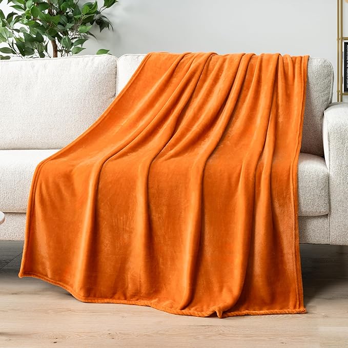 PAVILIA Orange Fleece Throw Blanket for Couch Twin Size, Peach Coral Super Soft Fall Flannel Throw for Sofa, Luxury Plush Microfiber Blanket Twin Bed, Home Decorative Velvet Gift Blanket, 60x80