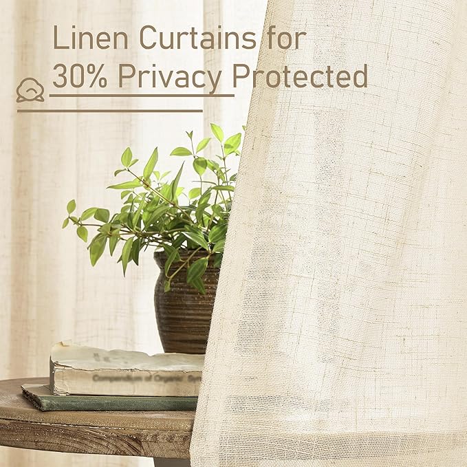 LAMIT Short Linen Window Curtains 40 Inch Length 2 Panels, Beige Semi Sheer Light Filtering Panels Back Tab and Rod Pocket Neutral Drapes for Basement/Window/Loft Room, 34 x 40 Inch