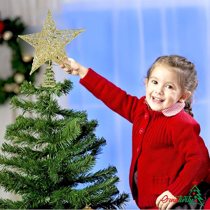 Ornativity Silver Star Tree Topper - Christmas Gold Glitter Sparkle Star Ornament Holiday Decor Top Toppers Xmas Decoration 9"