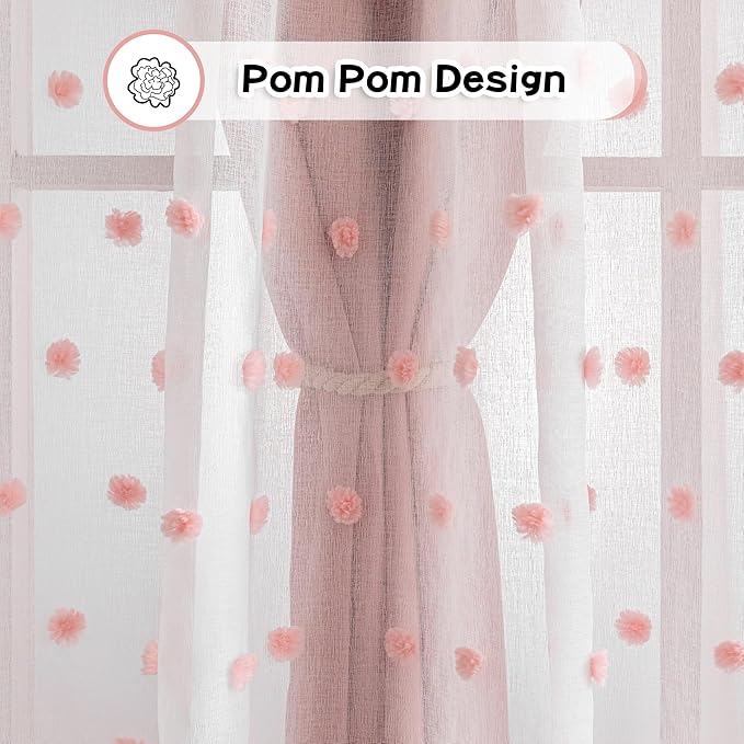 MYSKY HOME 90 Inches Long Curtains with Pink Pom Pom Sheer Nursery Curtain Girl Blackout Drapes for Kids Bedroom Double Layer Room Darkening Window Panels for Toddler Grommet, Pink, 52" Wide, 2 Pieces