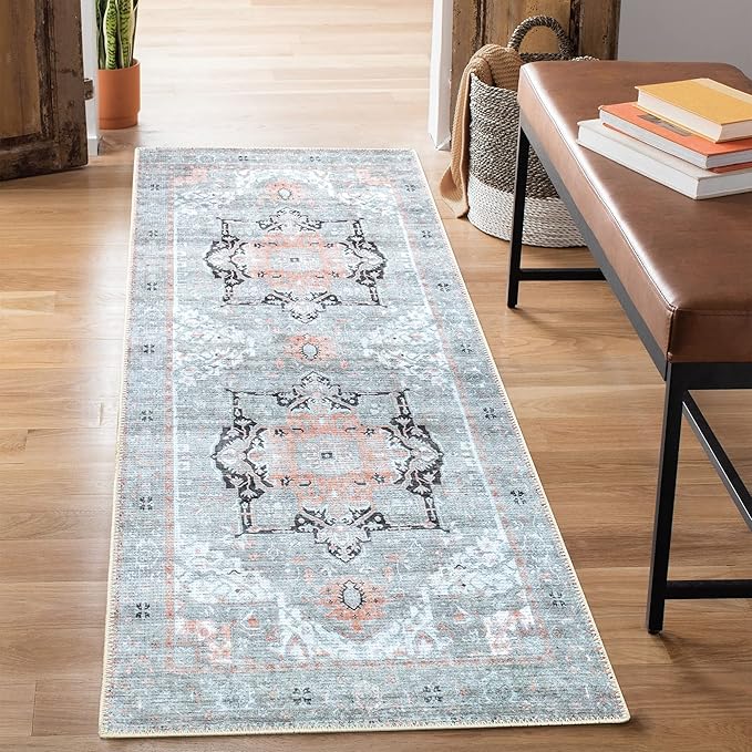 Bloom Rugs Washable Non-Slip 12 ft Runner - Gray/Coral Pink Traditional Runner for Entryway, Hallway, Bathroom, and Kitchen - Exact Size: 2.5' x 12'