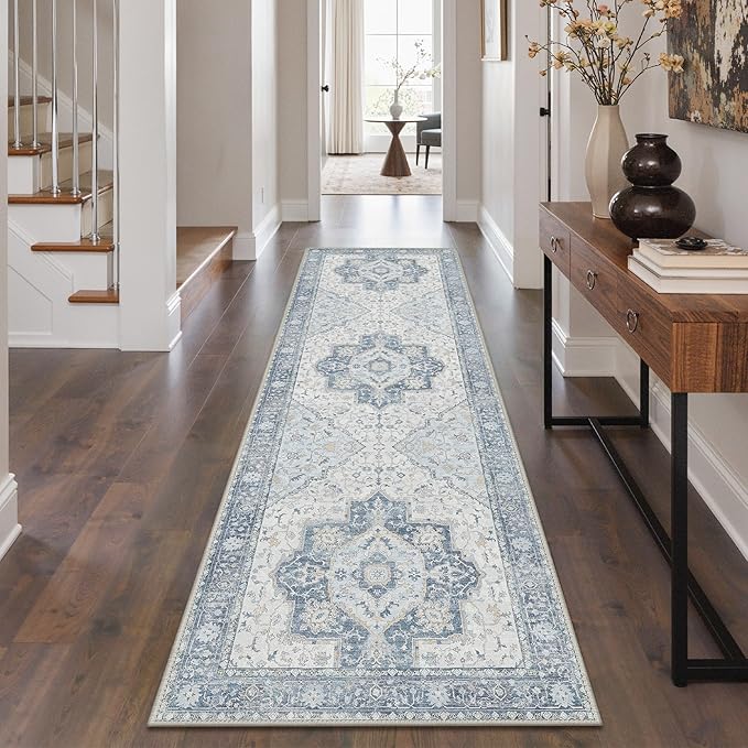 GENIMO Runner Rug 2'6"x8 Machine Washable Non Slip Vintage Hallway Runner Rug, Low Pile Lightweight Rugs for Indoor Entryway, Hallway, Kitchen and Corridor, Light Blue