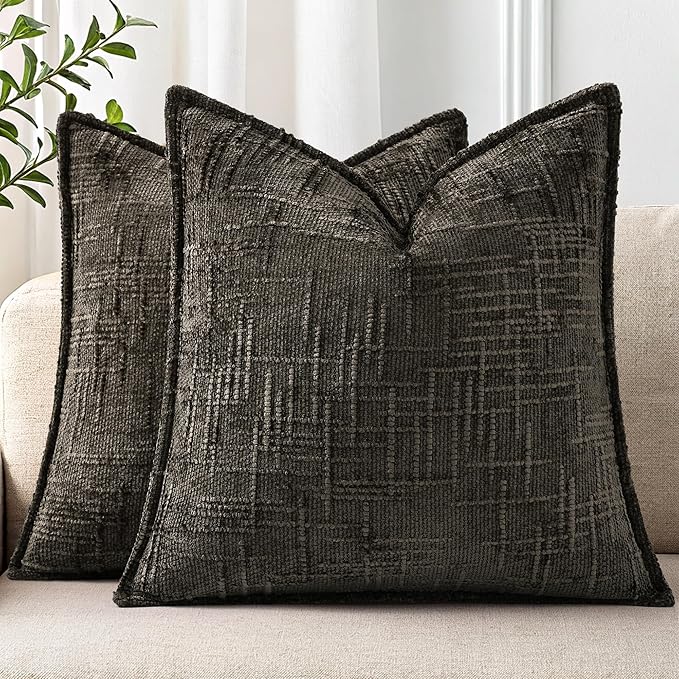 decorUhome Chenille Throw Pillow Covers 18x18 Set of 2, Thick Textured Slubby Neutral Decorative Pillow Covers with Elegant Design for Couch, Sofa, Living Room, Chocolate