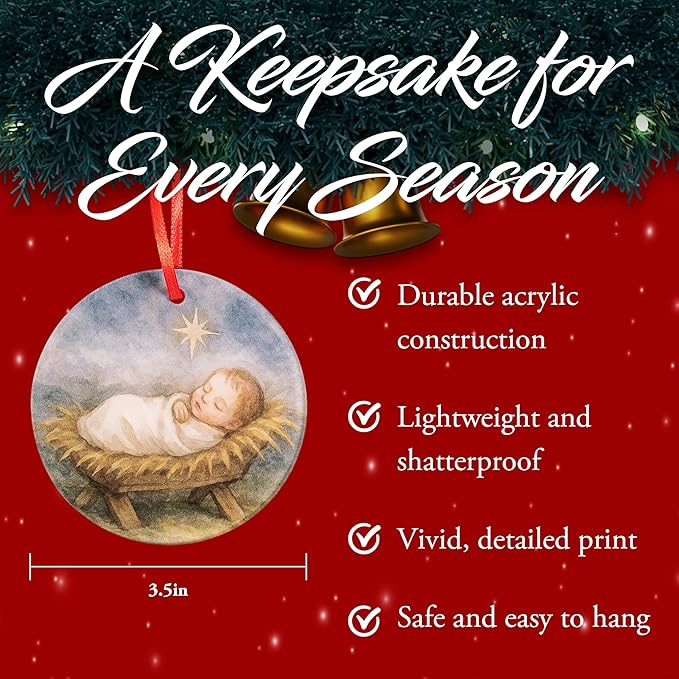 Baby Jesus Nativity Scene Acrylic Ornament - Traditional Catholic & Christian Christmas Decor, Religious Decorative Hanging Ornaments for Tree - Winter, Holiday, Baptism Gift