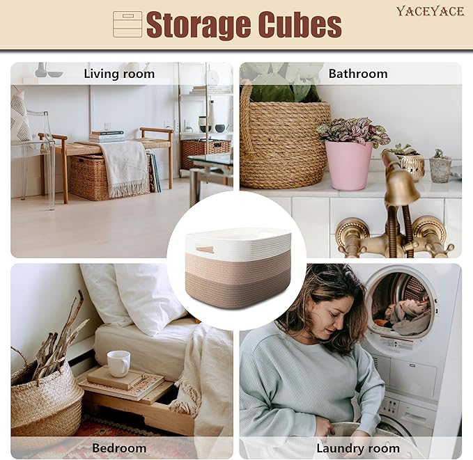 Rope Baskets for Storage, 3 Pack Foldable Baskets for Shelves, Fabric Storage Bins with Handles,Cotton Blend Bins for Home,Office,Organizing
