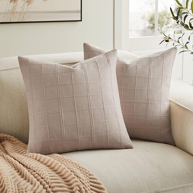 ZeeMart Linen Checked Throw Pillow Covers Set of 2, 22x22 Inch Taupe/Cream, Farmhouse Decorative Single Sided Grid Embroidered Couch Pillow Cases Light Brown Cotton Linen Cushion Covers