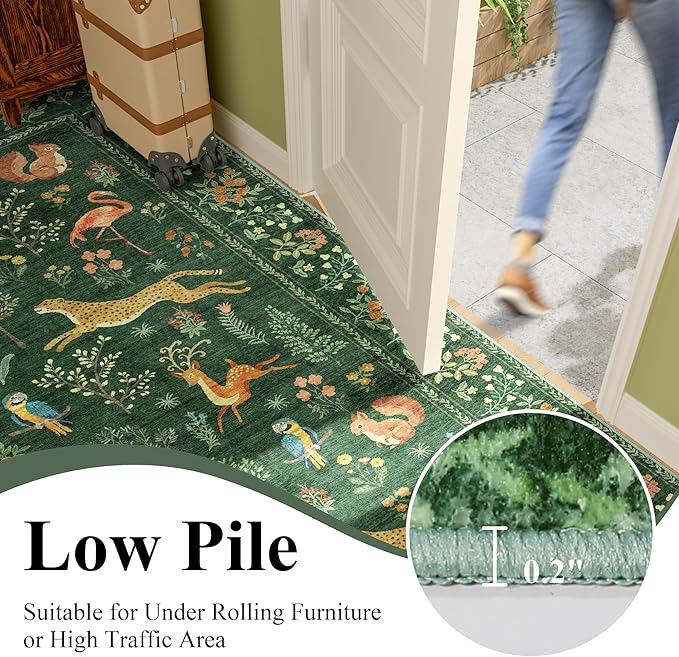 DUKINO 2x10 Rug for Hallway, Washable Kitchen Runner Rug with Non Slip Backing, Soft Low Pile Vintage Animal Runner for Bedroom, Kitchen, Hallway, Entryway, Laundry, Green