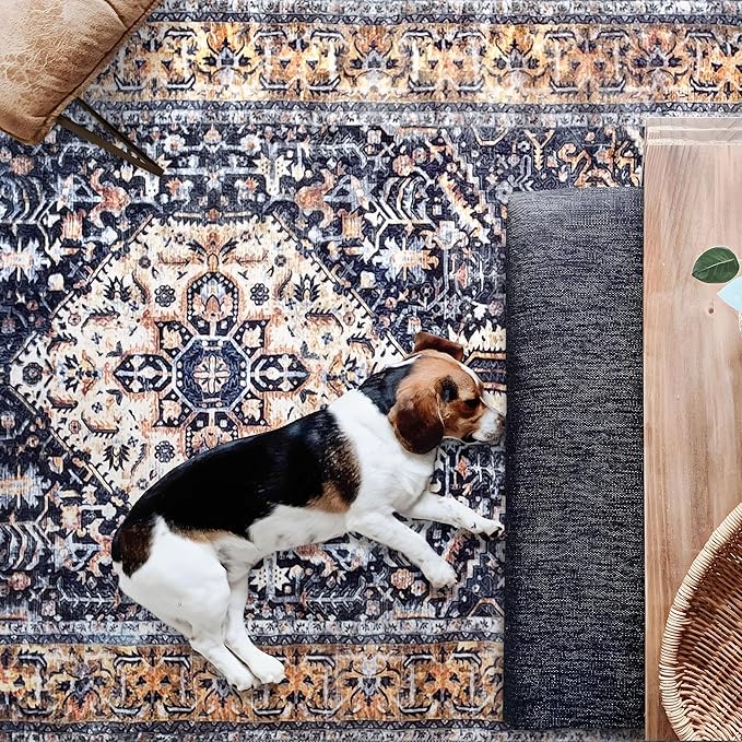 KOZYFLY Runners for Hallways 2.6x12 Ft Extra Long Washable Kitchen Boho Runner Rug for Entryway Indoor Gold Navy Printed Faux Wool Stair Runner Floor Carpet Runner for Stair Kitchen Hall