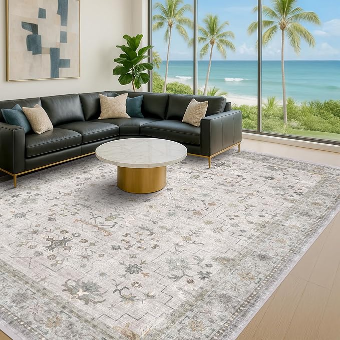 Boho Light Grey Living Room Rug 9x12 - Modern Vintage Eclectic Floral Pastel Neutral Taupe, Washable Low Pile Non-Slip Extra Large Area Rugs for Dining Under Table Bedroom