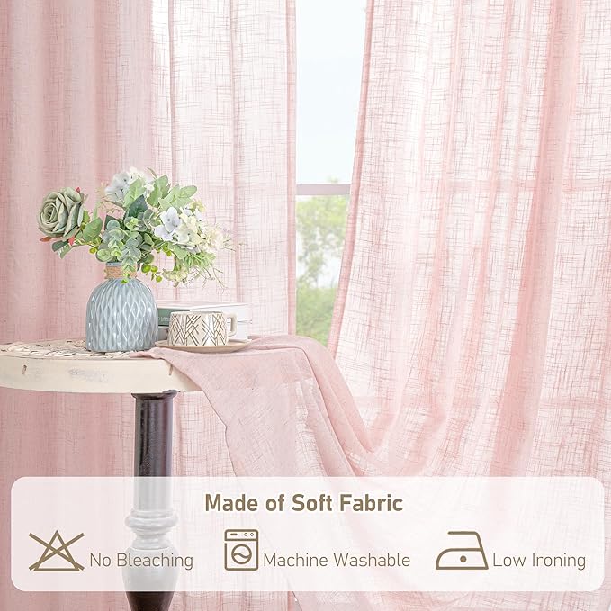 LAMIT 54 Inch Semi Sheer Window Linen Curtains, Light Filtering Panels Back Tab and Rod Pocket Country Decor Drapes for Bedroom/Girl'Room, Pink, 2 Panels, 34 x 54 Inch