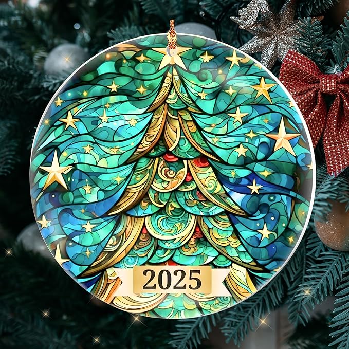 Christmas Tree Ornament 2025 – Stained Glass Style Round Acrylic Decoration – Collectible Dated Christmas Ornaments 2025 for Tree, Holiday Decor, Navidad Decorations