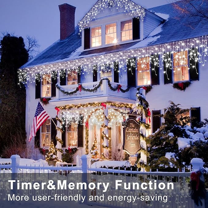 XURISEN 66ft Christmas Lights Decorations Outdoor, 640 LED 8 Modes Curtain Fairy Lights with 120 Drops,Plug in Waterproof Timer Memory Function for Christmas Holiday Wedding Party Decor(Cool White)