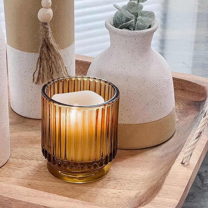 Kate Aspen Vintage Glass Tealight & Amber Votive Candle Holders (Set of 6) – Rustic Fluted Candle Holder Set, Boho Home Decor, Wedding Table Centerpieces, Farmhouse Kitchen Table Decor
