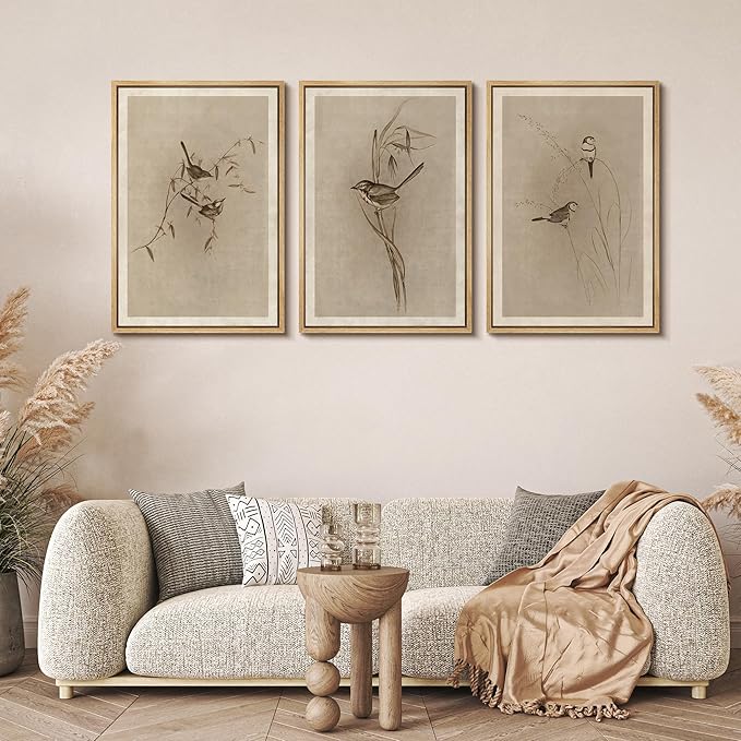 MUDECOR Framed Wall Art Print Set Vintage Bird Wheat Ear Illustrations Modern Art Boho Decorative Colorful Chic for Living Room, Bedroom, Office - 16"x24"x3 Natural