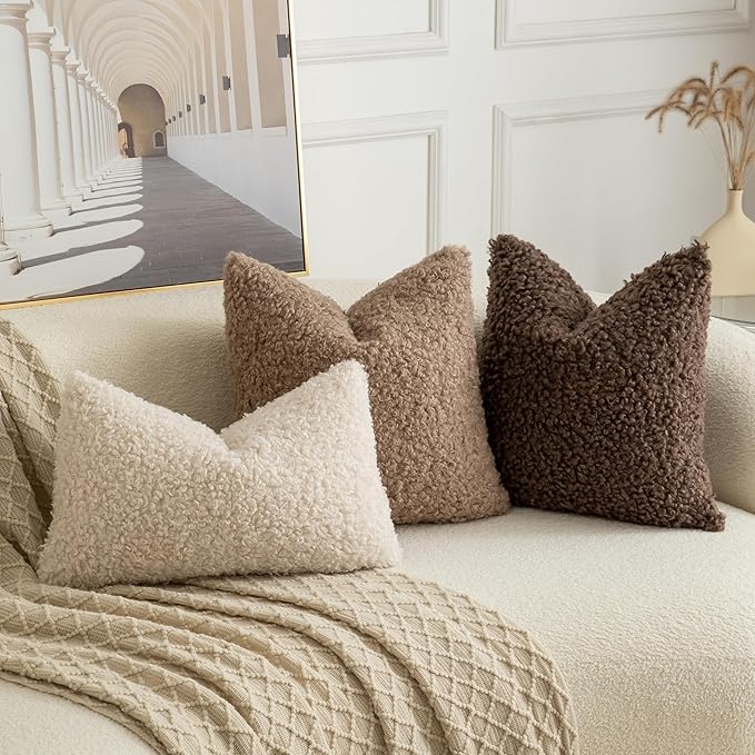 Pack of 2 Curly Teddy Wool Faux Fur Throw Pillow Covers Fuzzy Accent Soft Sherpa Pillowcases Sheepskin Fleece Decorative Cushion Case for Sofa Couch Living Room 22x22 Inch Khaki