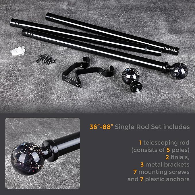 Black Curtain Rods for Windows 48 to 84 Inch, 1'' Heavy Duty Adjustable Drapery Rod with Unique Crystal Ball Finials, Modern Decorative Curtain Rod,Size; 30-88''