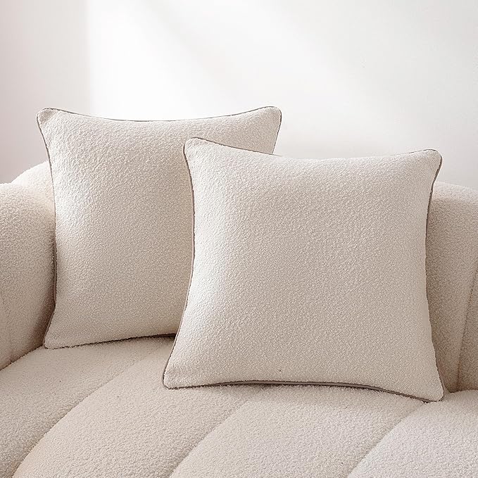 Amazon Basics Boucle Throw Pillow Covers for Couch, Living Room, Home Decor with Hidden Zipper, White, 16×16in, Pack of 2