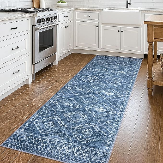 KILOCOCO Hallway Runner Rug 3x8 Runners for Hallways Washable Runner Rug Non Slip Rubber Backed Low-Pile Runners for Bedroom Kitchen Living Room Laundry Room Boho Rugs, Stonewashed Blue