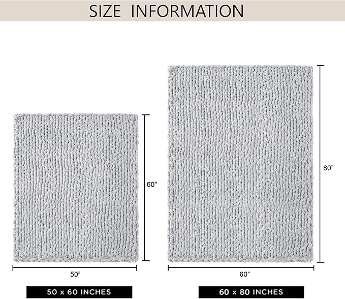 Chunky Knit Throw Blanket 60"X 80", 100% Handmade with Soft Chenille Yarn, 4.4lbs Thick Cable Knitted Blankets, Large Rope Knot Crochet Throws for Couch Sofa Bed Home Decor, Light Grey
