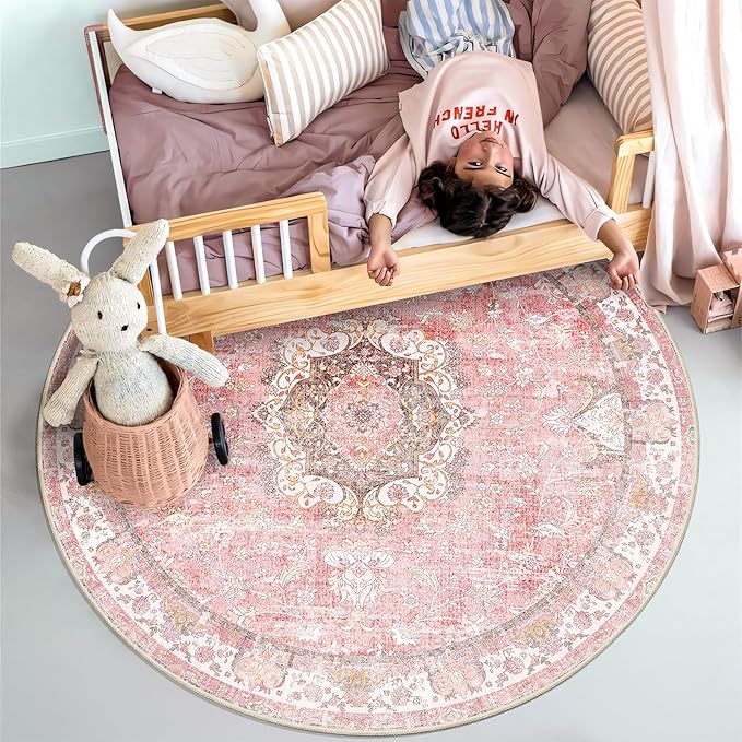 Pink Round Rug 4ft, Circle Washable Area Rugs for Bedroom Bathroom Entryway Kitchen, Small Boho Vintage Bohemian Distressed Oriental Floral Carpet Non Slip,Blush Floral Flowers
