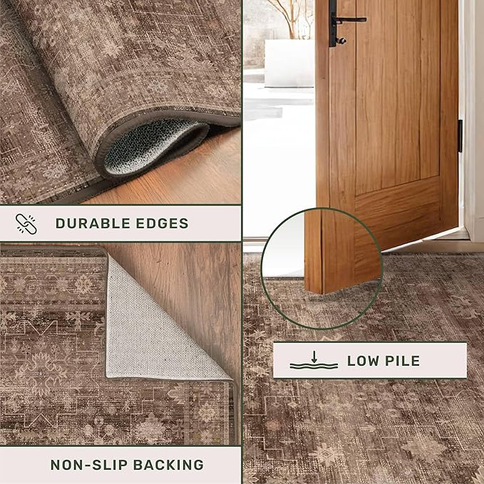 Washable 10ft Long Runners for Hallways, Brown 2'6"x10' Wide Kitchen Runner Rug, Entryway Indoor Rug, Non Slip Rubber Backing Boho Vintage Dark Floor Decor