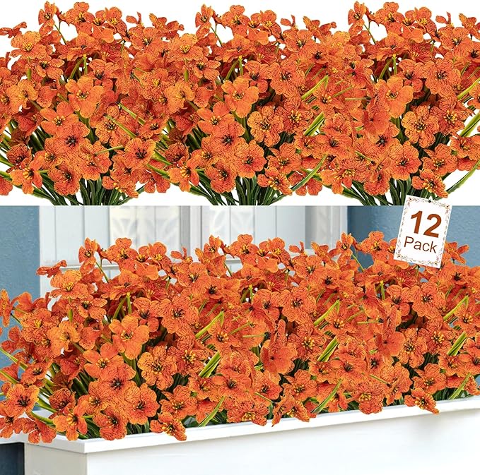 Ouddy Decor 12 Bundles Artificial Fall Flowers for Outdoors Fake Mums Fall Silk Flowers UV Resistant Faux Plastic Plants for Indoor Outdoor Vase Box Garden Porch Window Box Home Autumn Decor, Orange