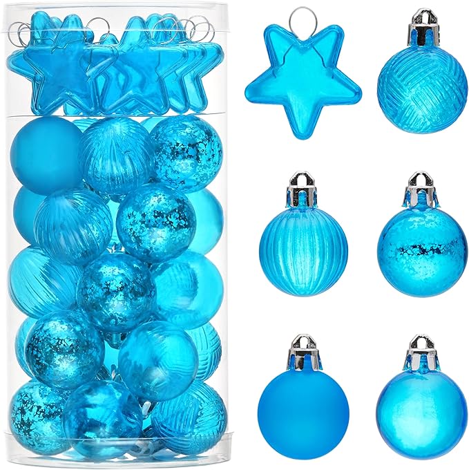 DecorbyHannah Mini Christmas Tree Ornaments, 35ct 1.18inches Blue Christmas Ball Ornaments for Tree Decorations, Small Clear Shatterproof Plastic Hanging Balls Bulk for Xmas, Party, Wedding