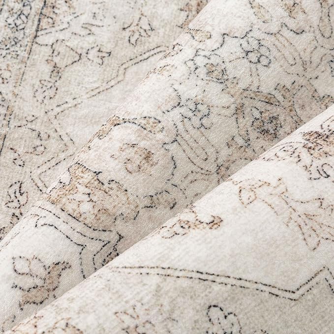 Beige Area Rug 3x5 Washable Vintage Carpet for Entryway Office Soft Retro Kitchen Low Pile Thin Door Mat Non Slip Oriental Medallion Throw Rug for Bathroom Bedroom Dining Living Room
