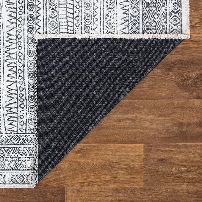 Bloom Rugs Caria Washable Non-Slip 12 ft Runner - Ivory/Black Geometric Runner for Entryway, Hallway, Bathroom, and Kitchen - Exact Size: 2'6" x 12'