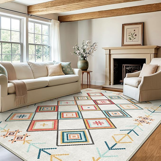 GENIMO Machine Washable 5x7 Area Rugs for Living Room, Non Slip Vintage Rugs, Low Pile Lightweight Chenille Print Rug for Bedroom, Dining Room, Home Office, Rainbow