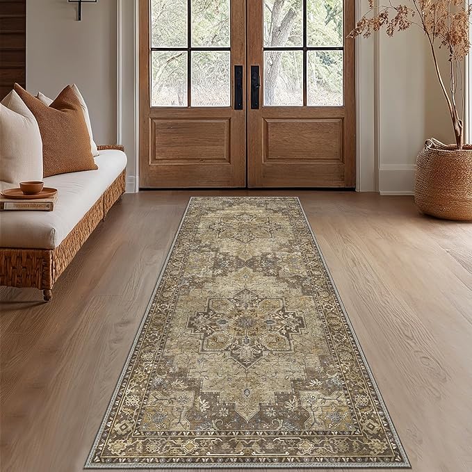 GENIMO 2x10 Runner Rugs for Hallway, Machine Washable Non Slip Vintage Rugs, Low Pile Lightweight Soft Print Rug for enrtyway, Corridor, Home Office, Kitchen, Rustic Brown