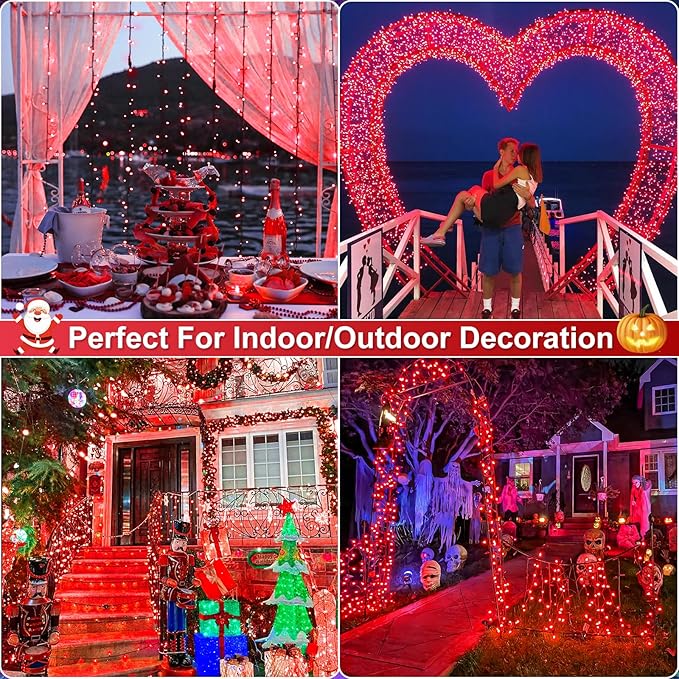 Christmas Lights Outdoor, 66FT 200 LED Christmas Tree Lights with 8 Modes Waterproof, Plug in Green Wire String Twinkle Light for Indoor Bedroom Patio Wedding Holiday Decorations, Red