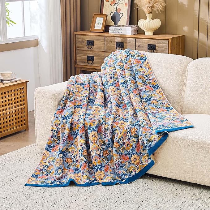 Blue Orange Fall Blanket 90"x 98" Boho Throw Blankets for Couch Bed Chair, 100% Cotton Quilts Warm Soft Blanket Muslin Bed Blankets Home Decor Farmhouse Warm Throws Gifts for Women Mom