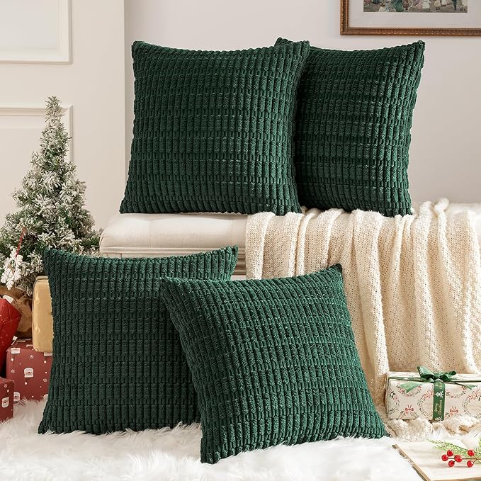 MIULEE Pack of 4 Christmas Dark Green Corduroy Decorative Throw Pillow Covers 18x18 Inch Soft Boho Striped Pillow Covers Modern Farmhouse Home Decor for Sofa Living Room Couch Bed