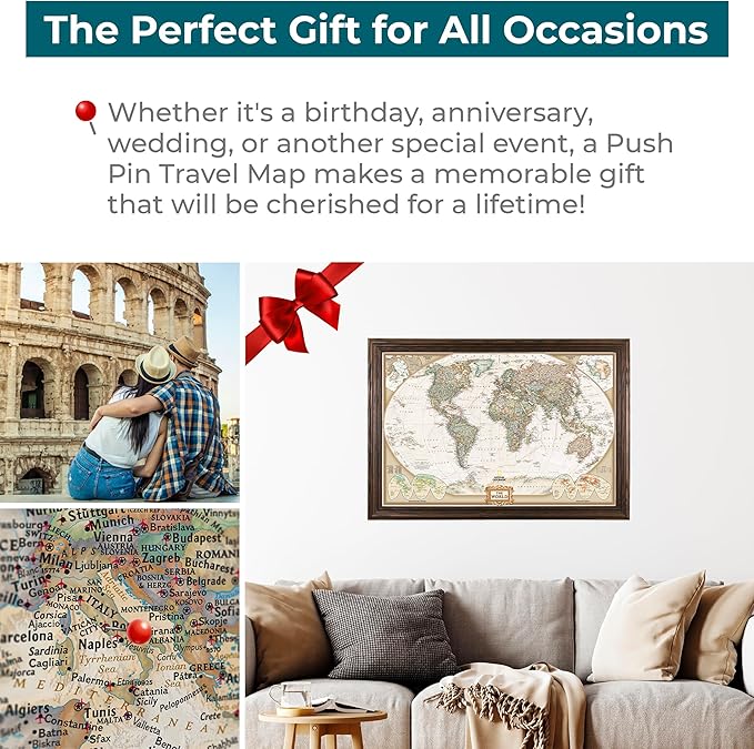 Canvas Executive World Map Pin Board – Framed Travel Map with Pins for Wall – Personalized Push Pin World Map for Tracking Journeys – 27.5" x 39.5" Solid Wood Brown Frame