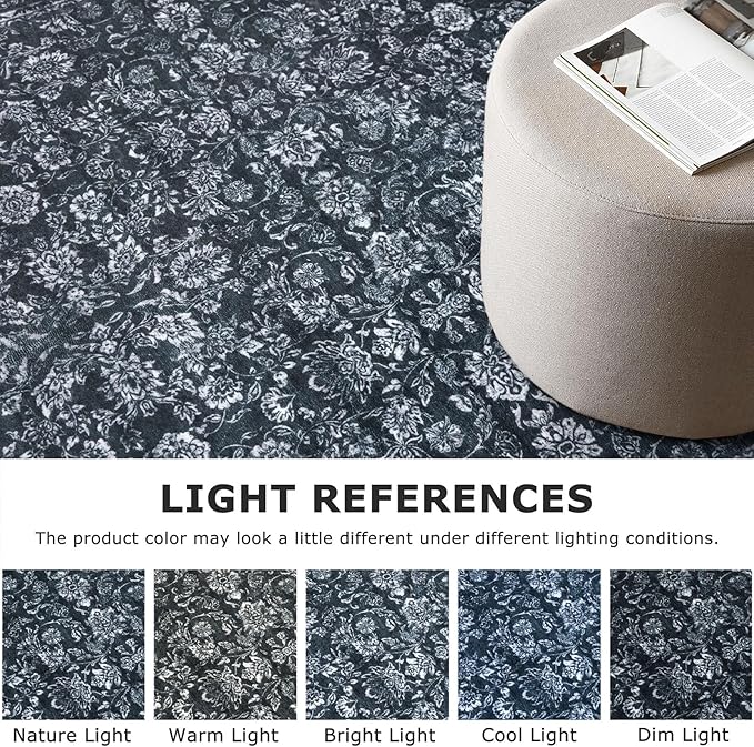3x5 Entryway Area Rug Black Washable Soft Distressed Floral Rugs, Non-Slip Low-Pile Vintage Neutral Carpet for Entryway Nursery Bedroom Dining Dorm Living Room