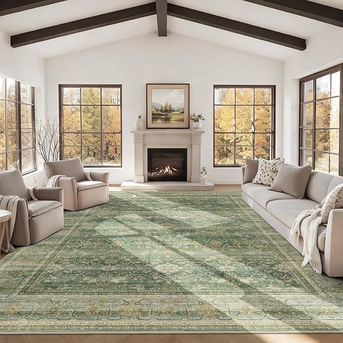 HelloTree Washable Rugs 9x12 Area Rug for Living Room, Vintage Boho Green Rug Non Slip Carpet Retro Accent Indoor Mat Print Distressed Low Pile Throw Large Rug for Office Dining Room Bedside-Green