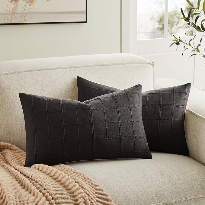 ZeeMart Linen Checked Lumbar Throw Pillow Covers Set of 2, 12x20 Inch Charcoal/Cream, Farmhouse Decorative Single Sided Grid Embroidered Couch Pillow Cases Dark Grey Cotton Linen Cushion Covers