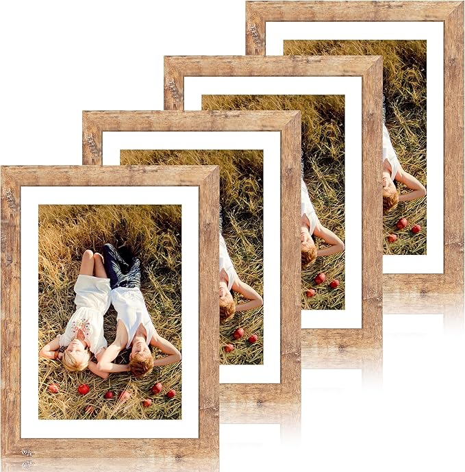 iRahmen 10x14 Picture Frame Set of 4 with Tempered Glass, Rustic Brown Frame Display 8x12 Pictures with Mat or 10 x 14 Without Mat, Wooden Photo Frames for Wall Mounting