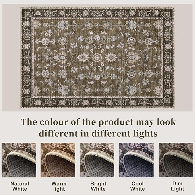 Tangsoo 3x5 Brown Washable Rug, Vintage Throw Entryway Rugs Non Slip, Soft Low Pile Floor Rug Floral Indoor Area Rugs Carpet for Living Room Bedroom Office Laundry Bedside Entry Entryway Farmhouse