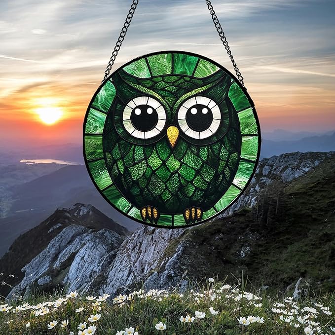Stained Glass Window Hanging - Green Owl Suncatcher for Doors Garden Patio Funny Bird Sun Catchers Decor Christmas Mother's Day Birthday Teenager Gifts for Women Men Mom Nana Friend 11.8 in