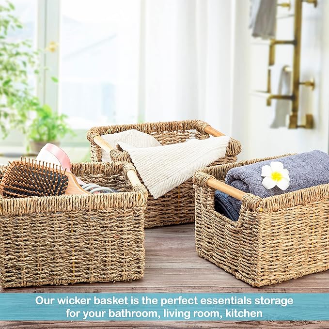 Small Wicker Baskets for Organizing Bathroom, Seagrass Baskets for Storage, Wicker Storage Basket with Wooden Handle, Decorative Small Organizing Basket 10.3 x 7.7 x 6.3 inches - 3 Pack