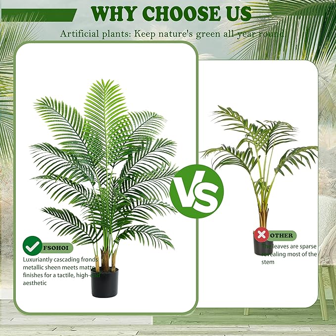 2 Pack Artificial Palm Tree 4FT Artificial Plants Indoor Tropical Fake Palm Tree Areca Floor Plant in Black Pot with 13 Trunks & Real Bark Design, Faux Palm Plant for Outdoor Patio Home Office Decor