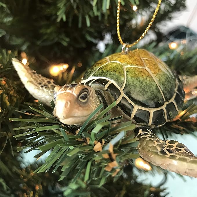Christmas Ornaments - Home Decor - Unique Nautical Christmas Ornament Hand-painted Green Sea Turtle - Best for Tree Hanging, Bathroom Decorations, Stocking Stuffers, Scuba Lovers and Ocean Enthusiasts